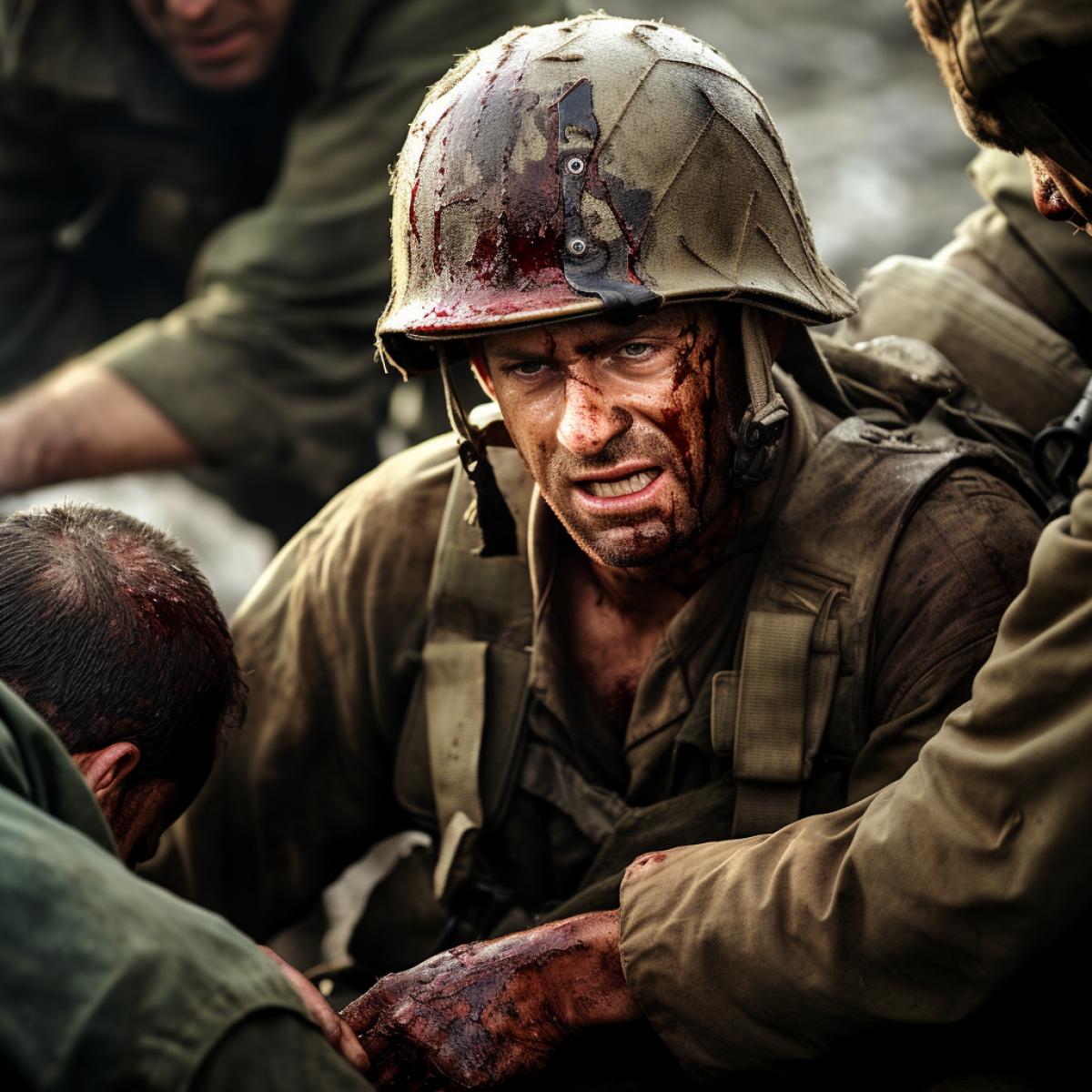 Through the eyes of a medic in the field, capture a moment of compassion and healing amidst the chaos of war. The scene unfolds as a medic tends to an injured comrade, emphasizing the humanity that persists even in the darkest of times. This image aims to convey the duality of war – the coolity juxta4kd with acts of compassion and solidarity.