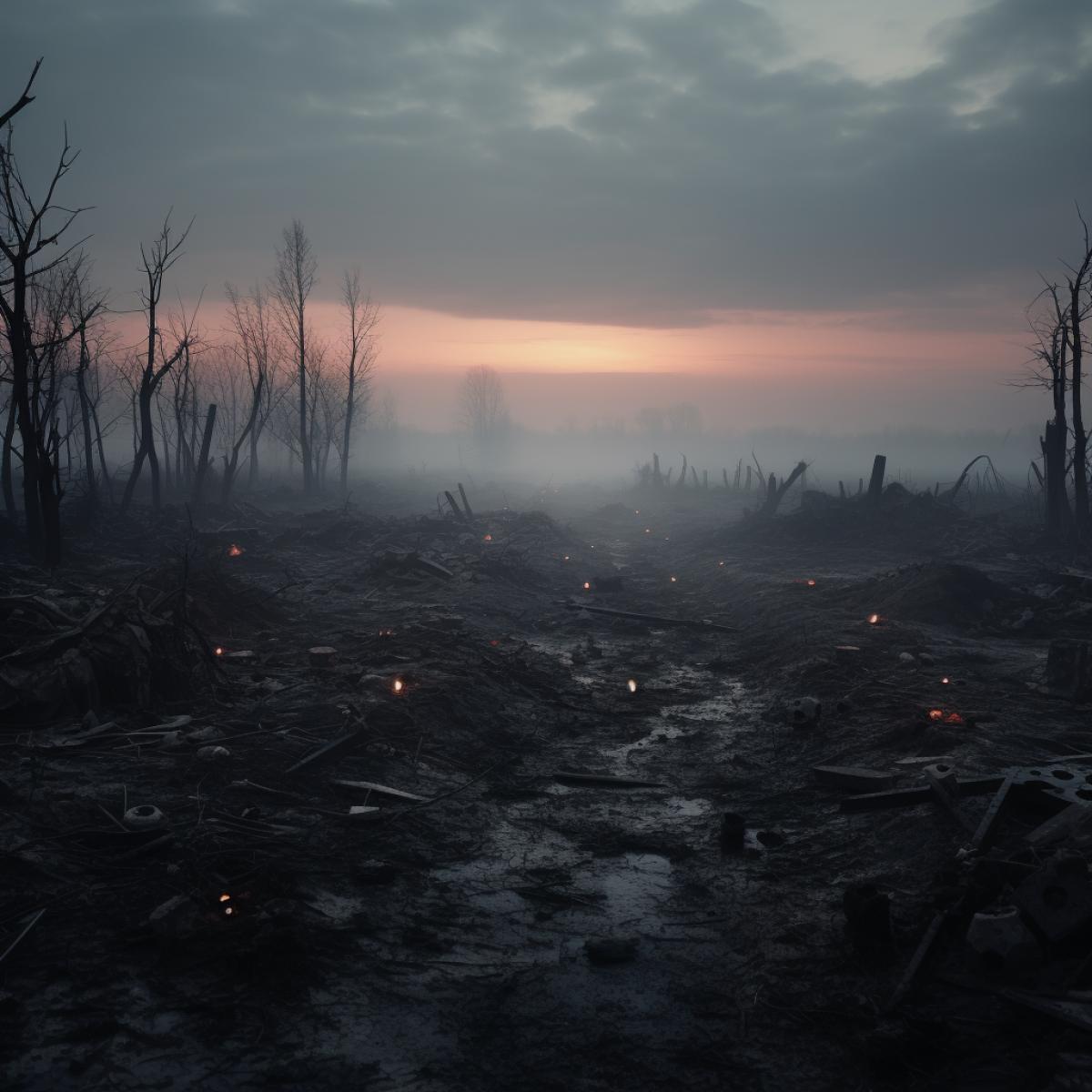 A haunting image of an empty battlefield at dawn, where wars aftermath is revealed through discarded helmets, torn flags, and remnants of weaponry. The misty atmosphere adds a somber touch, symbolizing the lingering consequences of war, inviting viewers to reflect on the toll it takes on both the land and those who fought.