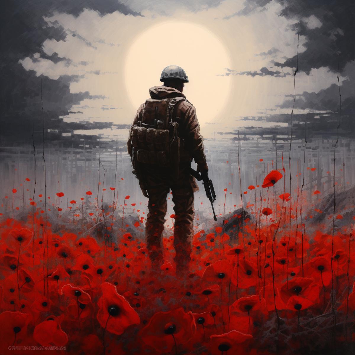 A powerful silhouette of a war-weary soldier, standing amidst a field of poppies – an emblem of remembrance. The soldiers stoic stance and weary posture convey the weight of their experiences, while the vibrant poppies symbolize both the resilience and sacrifice associated with war.