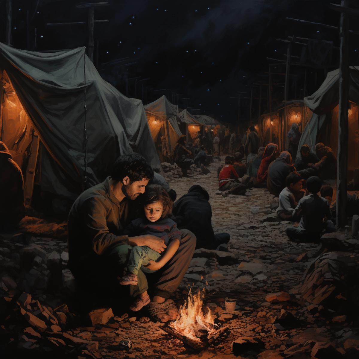 In a war-refugee camp, capture the emotional complexity of families finding solace in each others company amid the makeshift shelters. The image portrays the bittersweet reality of resilience, as people forge connections and create a semblance of community despite the hardships of displacement.