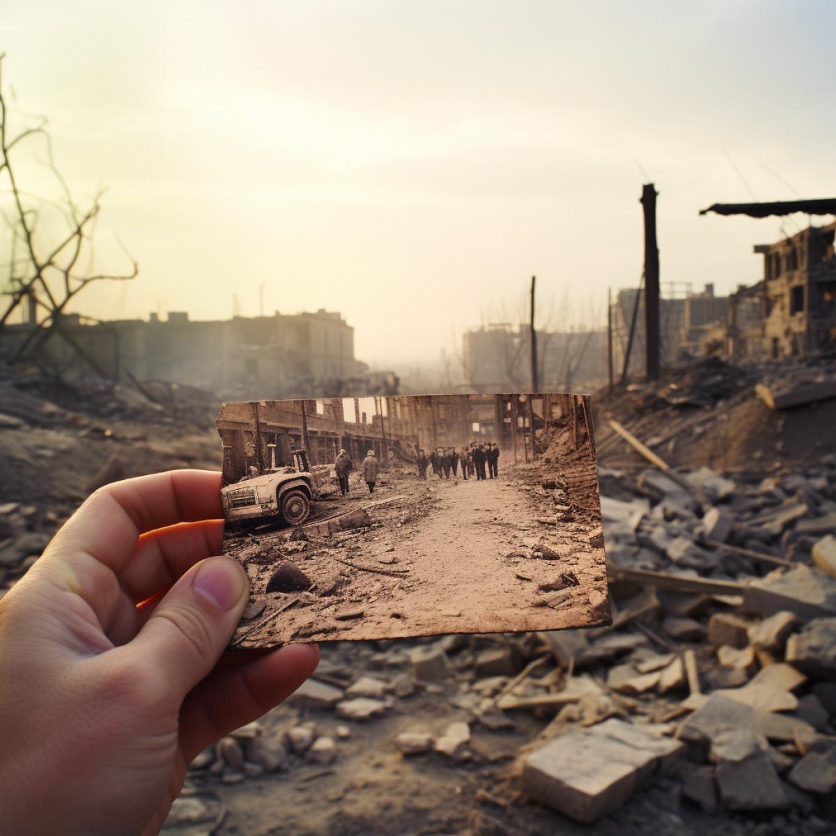 Through the lens of a war photographer, frame a shot of a war-ravaged landscape, marked by destruction and despair. The focus is on a single object – a faded, torn photograph found amidst the rubble, depicting happier times. This image encapsulates the harsh contrast between past and present, conveying the irreversible impact of conflict on lives and memories.