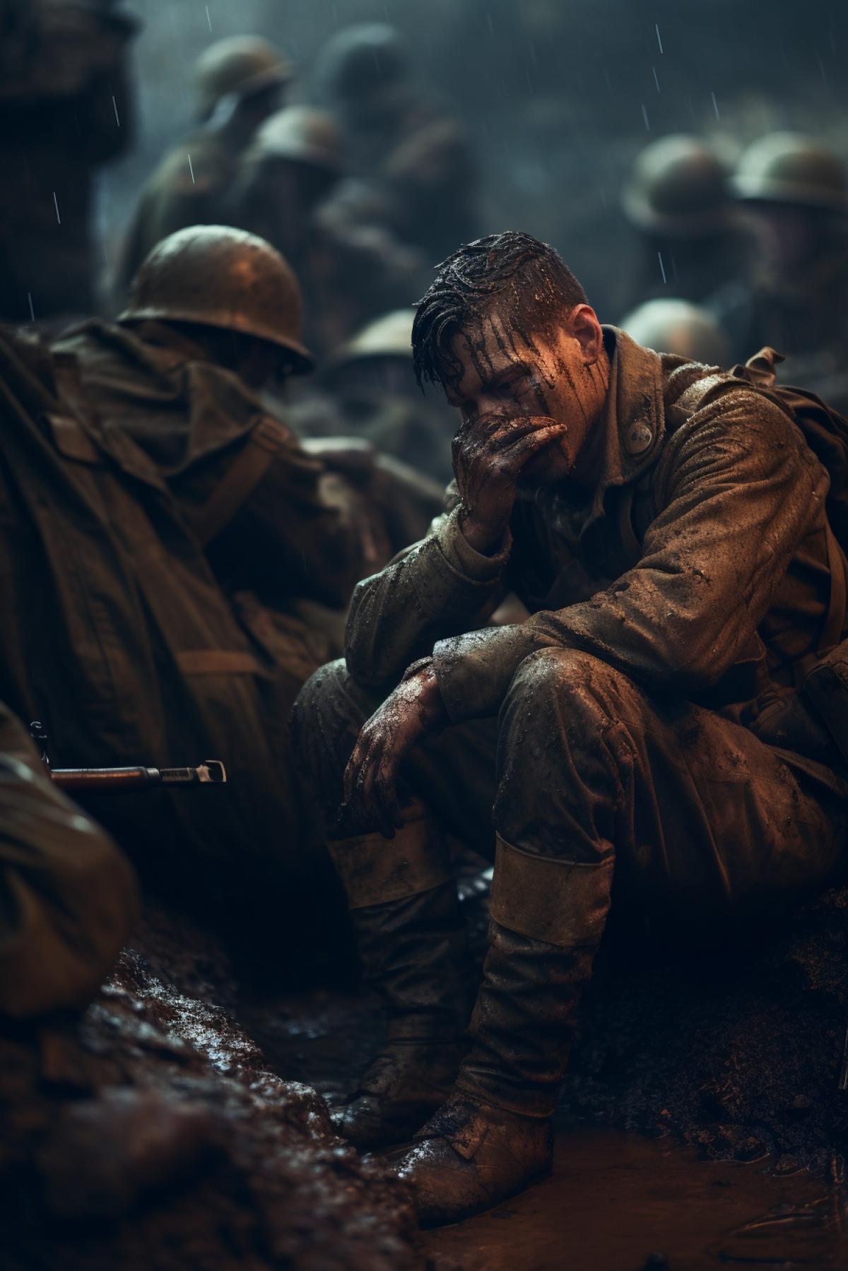 War, soldiers sitting in a trench, crying, high quality, good detail, detail rendering, 4K, atmosphere of hopelessness and despair