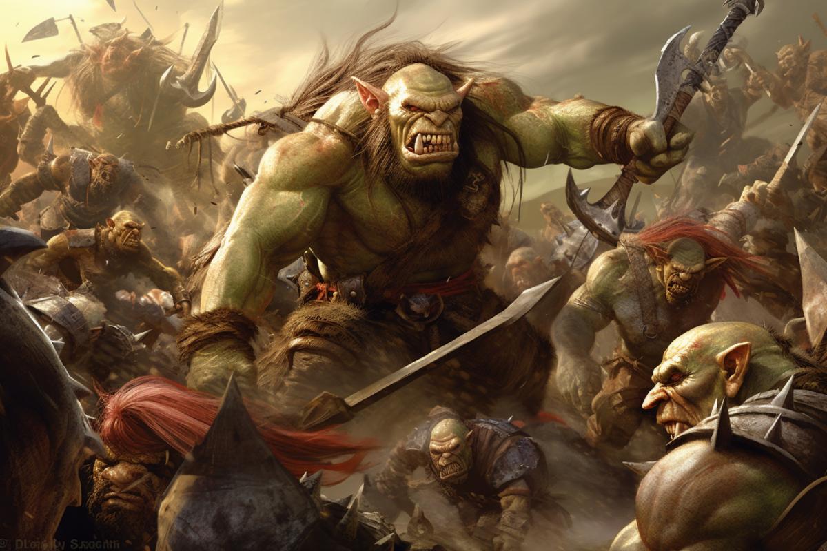 Battle of orcs vs trolls war fantasy illustration