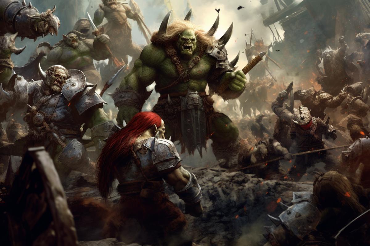 Battle of orcs vs trolls war fantasy illustration