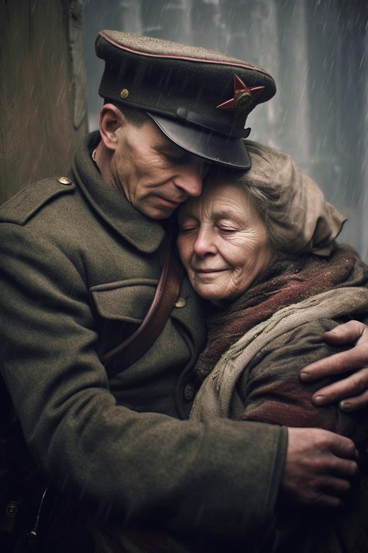 Soviet soldier hugs his old mother after the war