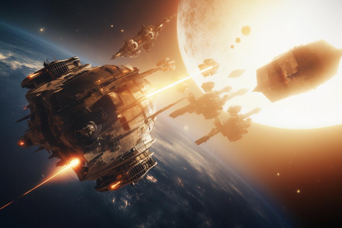 two beautiful spaceships shoot at each other, Space, war