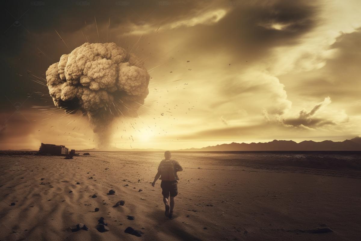 war. nuclear explosion, night, sands, Another planet, man runs from the explosion