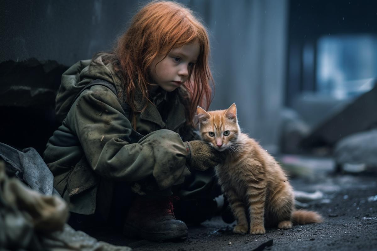 A little girl with fiery red disheveled hair, a dirty face, sits in a trench and reaches out her hands to a kitten that is left outside, war