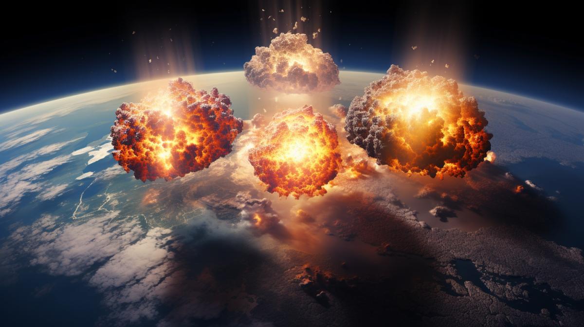 Several nuclear explosions across the earth, the view from space, breathtaking