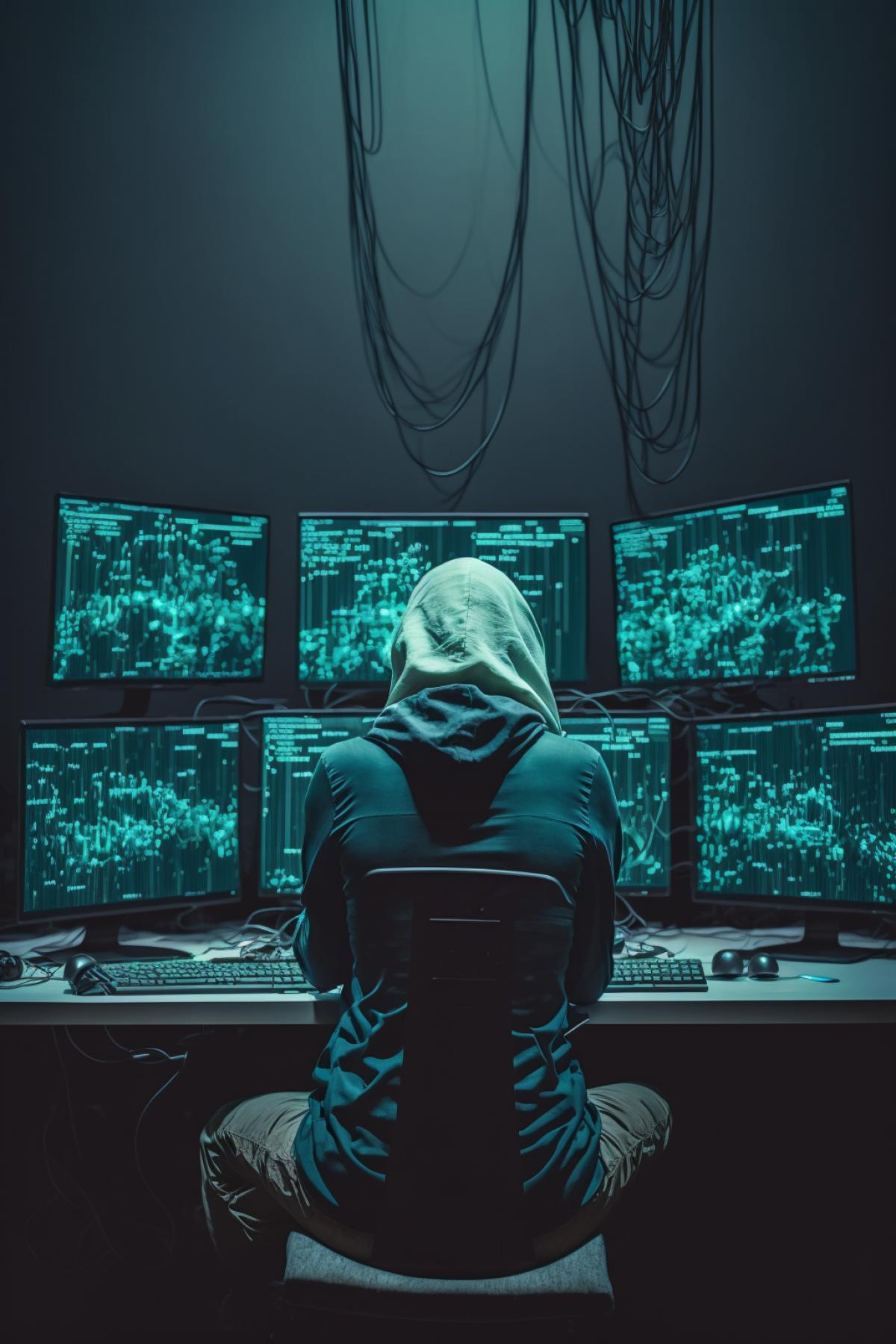 tired hacker sitting in front of many monitors