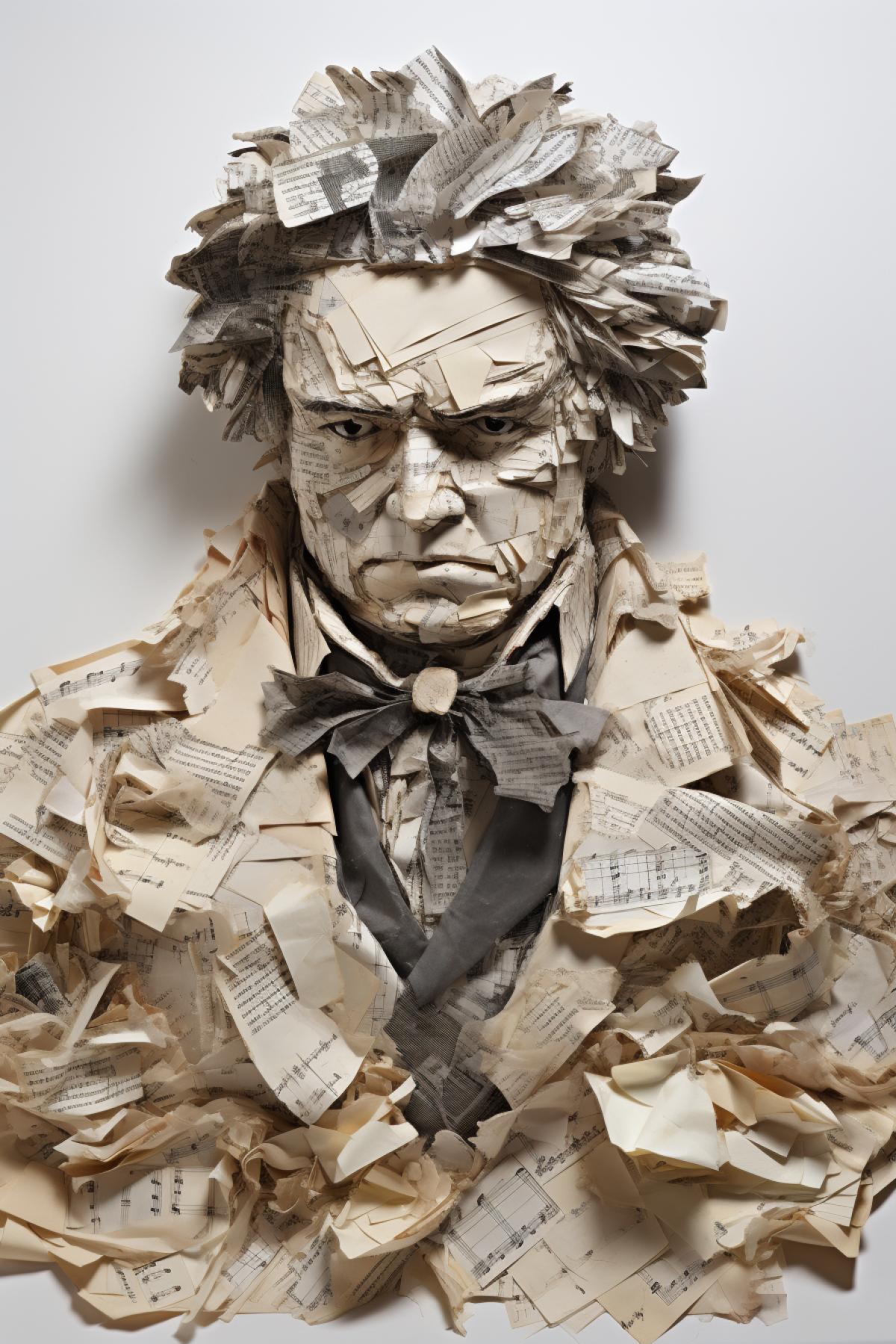 Portrait of Beethoven made of score paper and notes