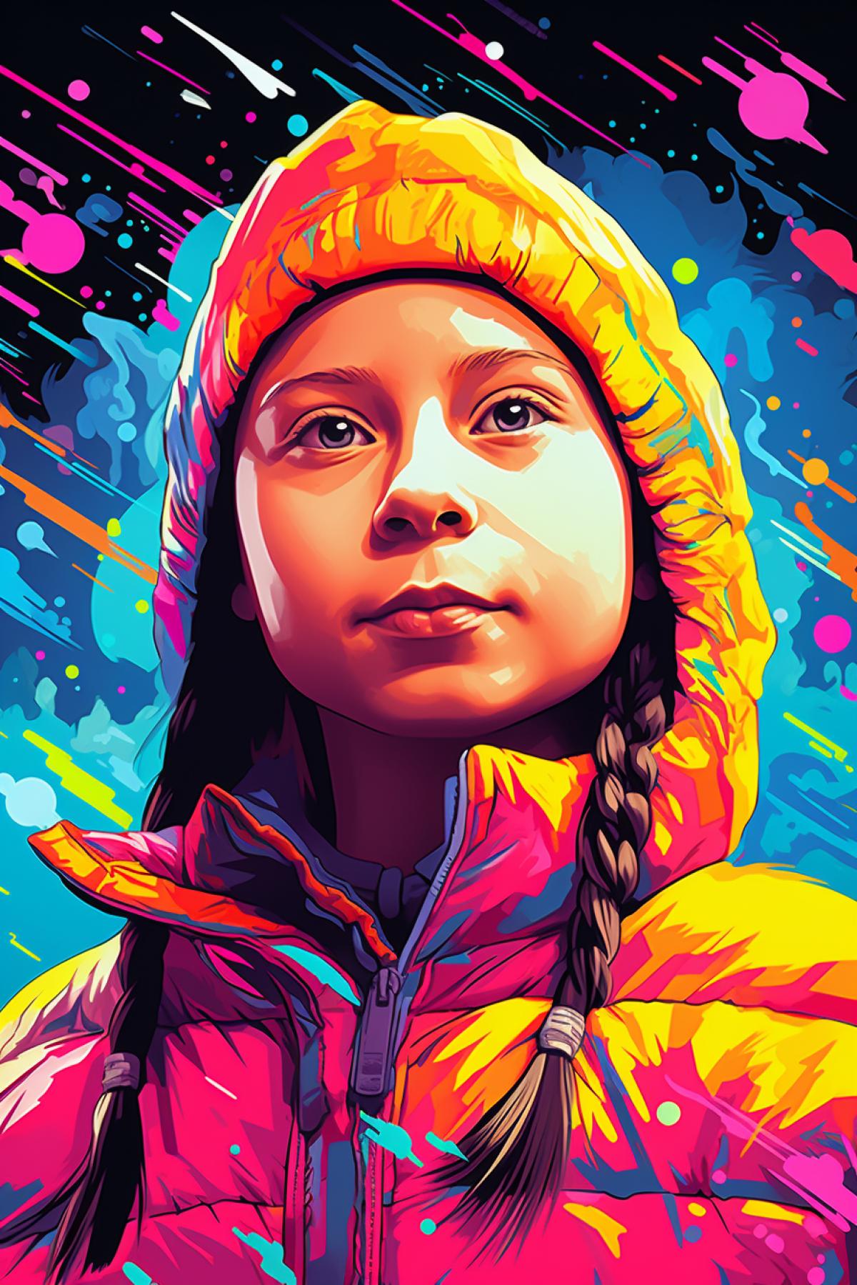 Neon pop art portrait of Greta thunberg in the night sky high above Arctic
