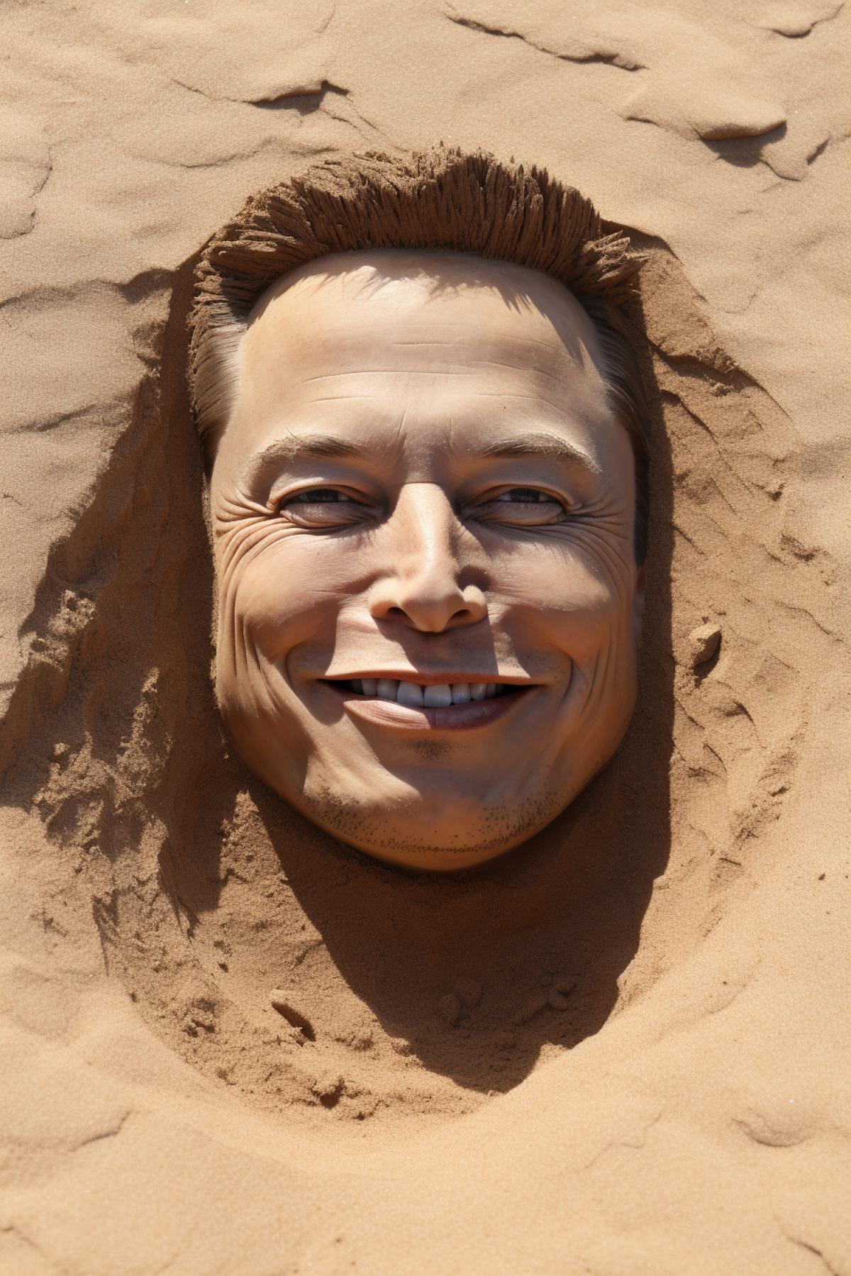 Elon musk smiling portrait made of sands in Sahara desert birds-eye view