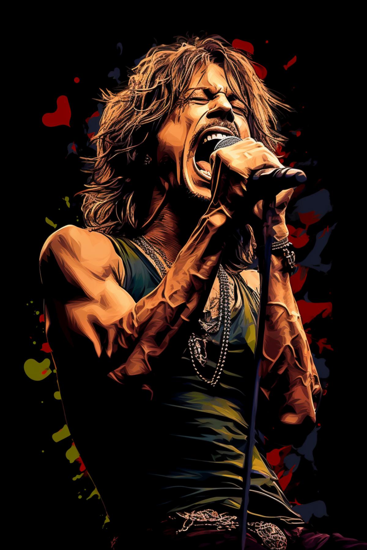 Steven Tyler of aerosmith pop art portrait made of guitar strings on dark velvet background singing mouth