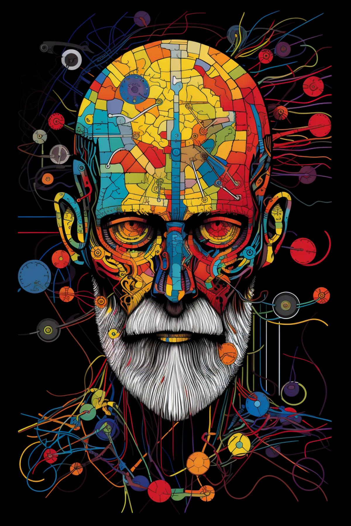 Psychedelic portrait of Sigmund Freud pins and needles technique