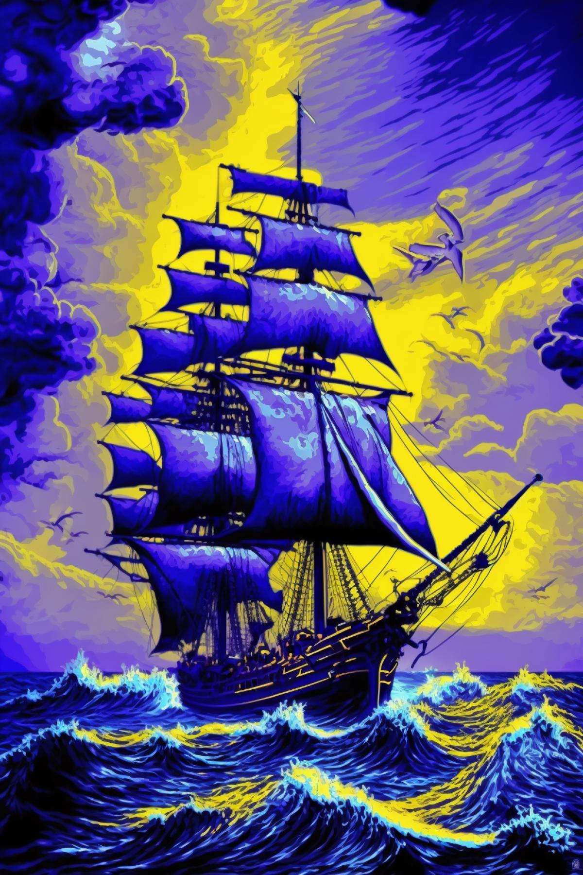 pirate frigate in a stormy sea in pop art style