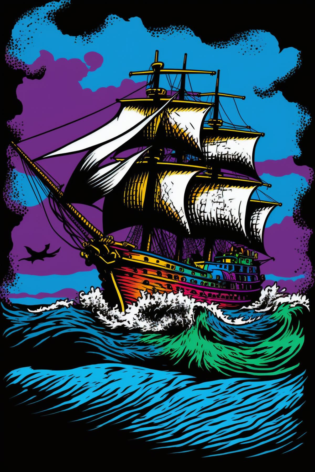 pirate frigate in a stormy sea in pop art style