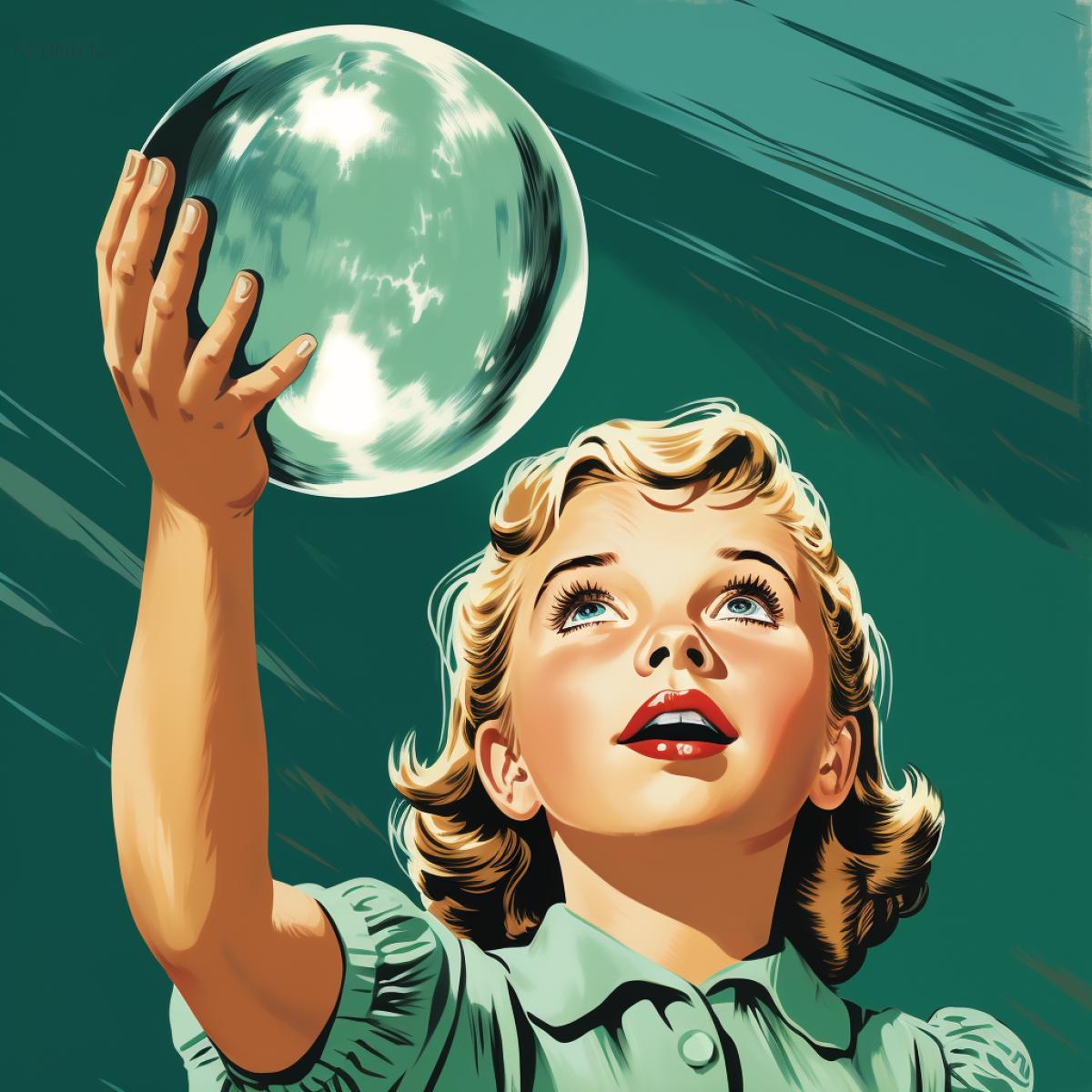 portrait in pop art style, little girl in a summer dress, looking up, holding a large inflatable ball in her hand, close-up
