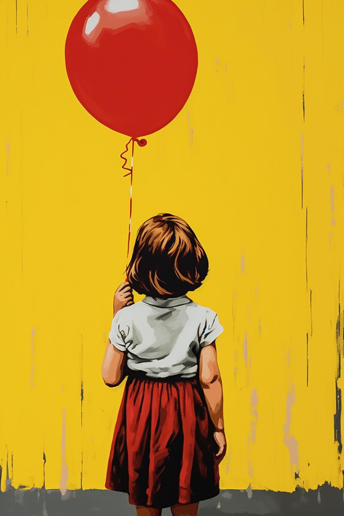 pop art portrait, Little girl, 3 years old, in a yellow dress with a red balloon in her hands, in half profile, looking at the balloon, very close-up, pop art style, bright colors, expression, poster