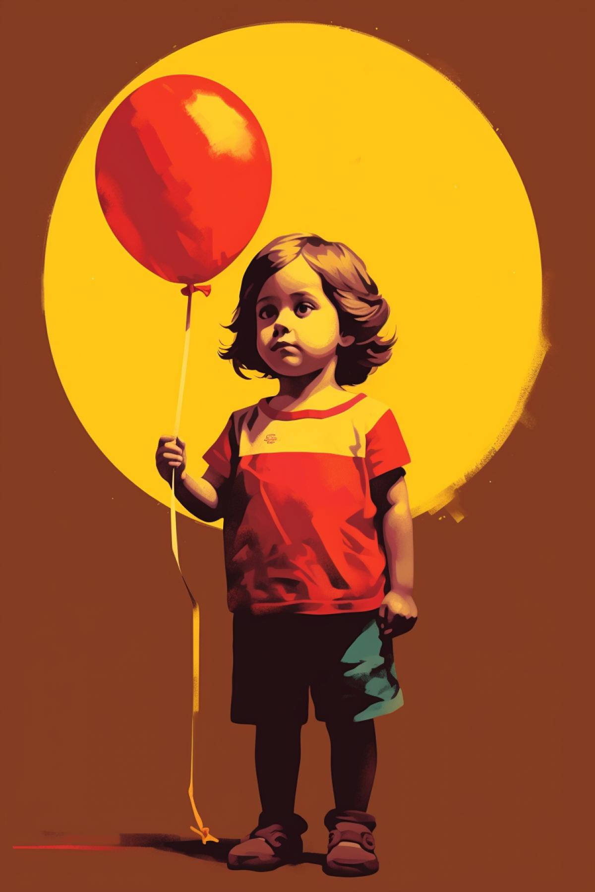pop art portrait, Little girl, 3 years old, in a yellow dress with a red balloon in her hands, in half profile, looking at the balloon, very close-up, pop art style, bright colors, expression, poster