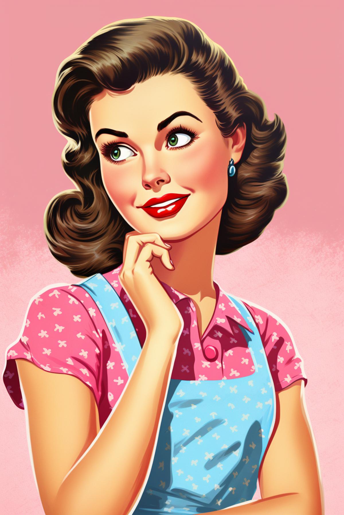 pin and up pop art portrait of 1950s American beautiful young housewife