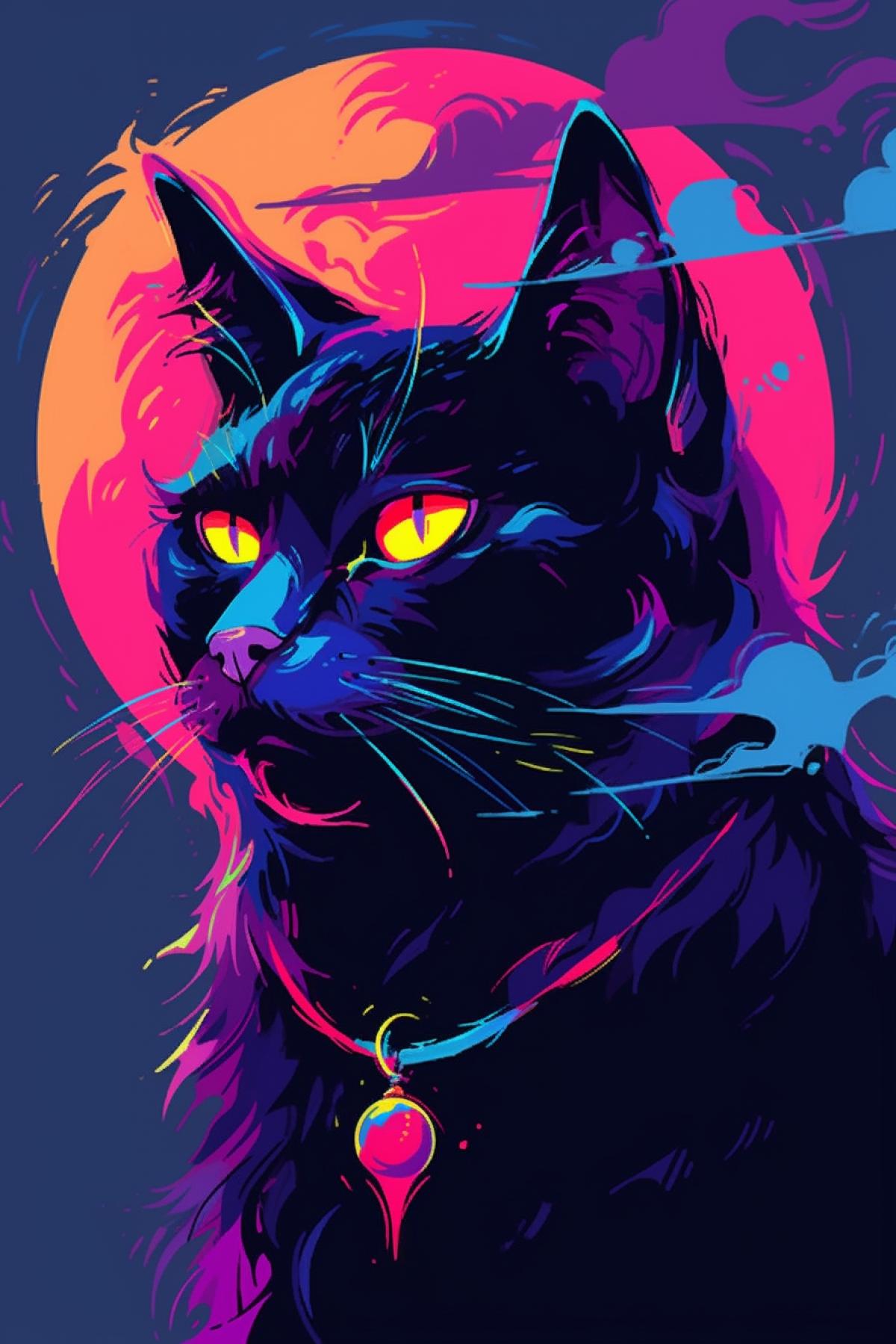 portrait in pop art style, dark cat and moon, full color image, expression, bright colors, pop art style