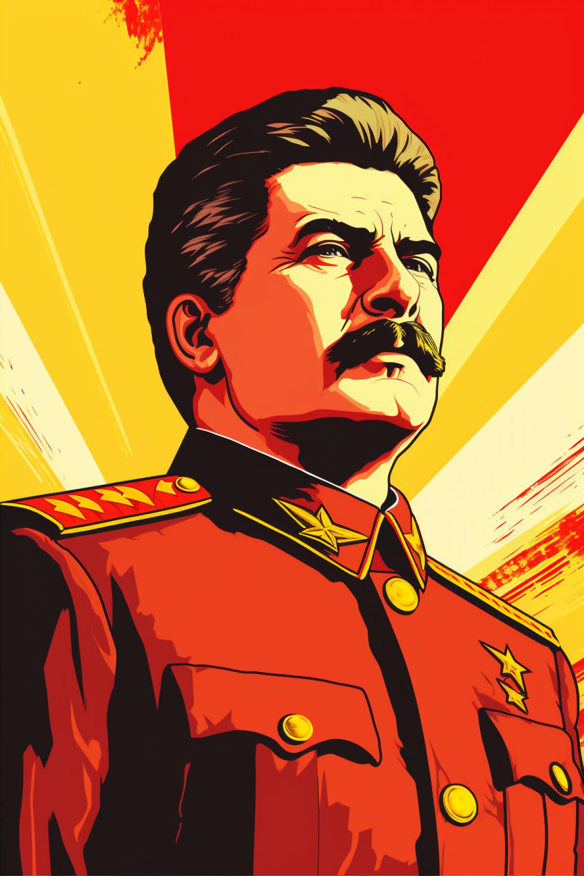 Joseph Stalin in Pop Art style, red and yellow shades, Soviet poster, high quality, good detail,