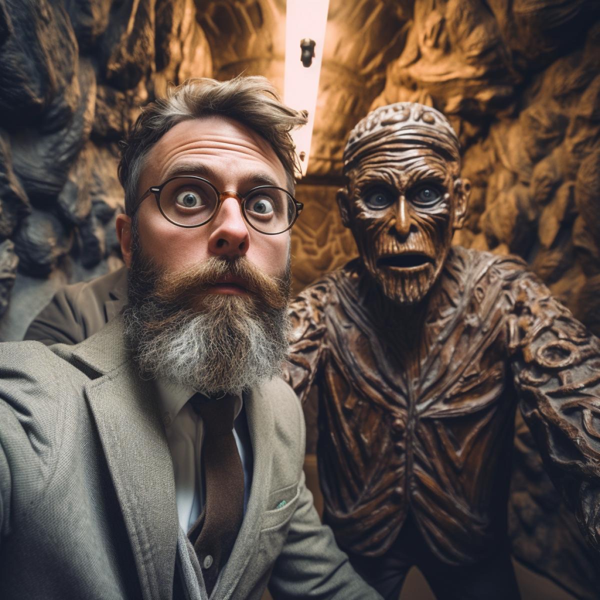 Selfie of a modern man with a primitive man