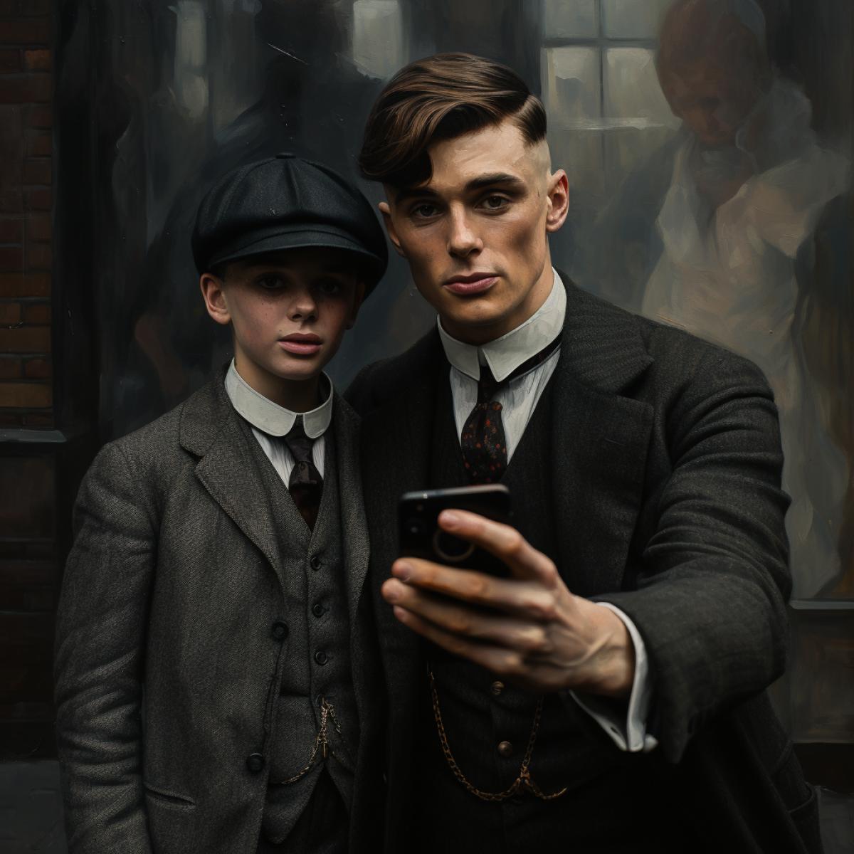 A boy takes a selfie with Thomas Shelby