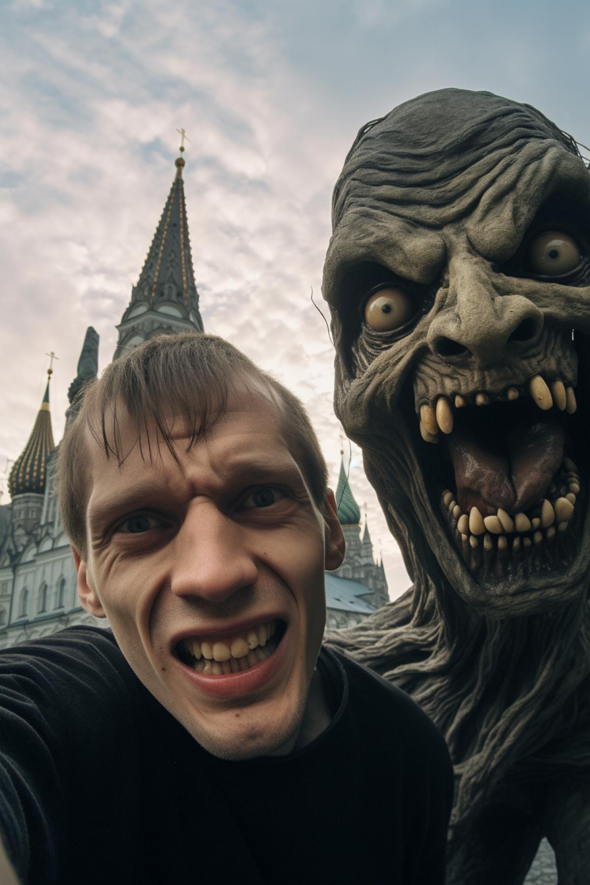 gopro selfie Gollum and a young man against the backdrop of the Kremlin