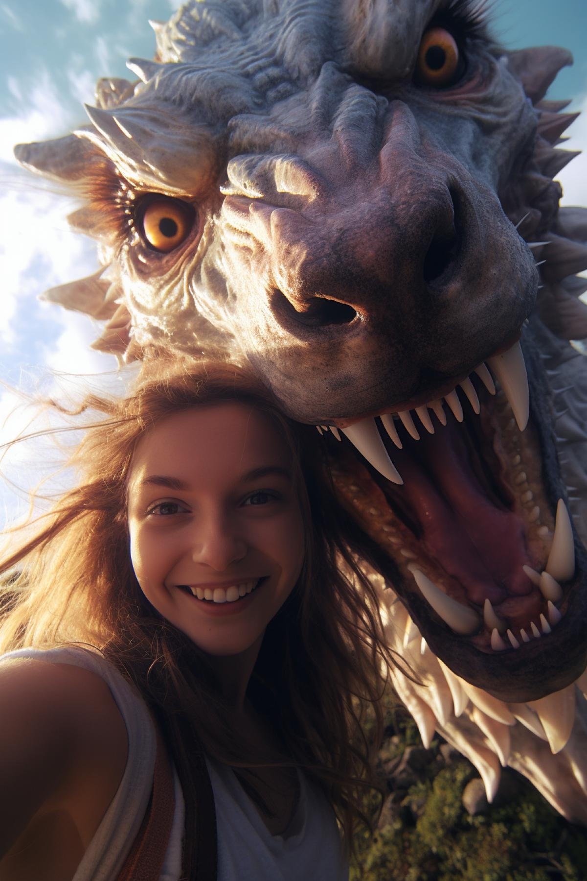 GoPro selfie, cat and dragon, fantasy style, soft light, bright colors