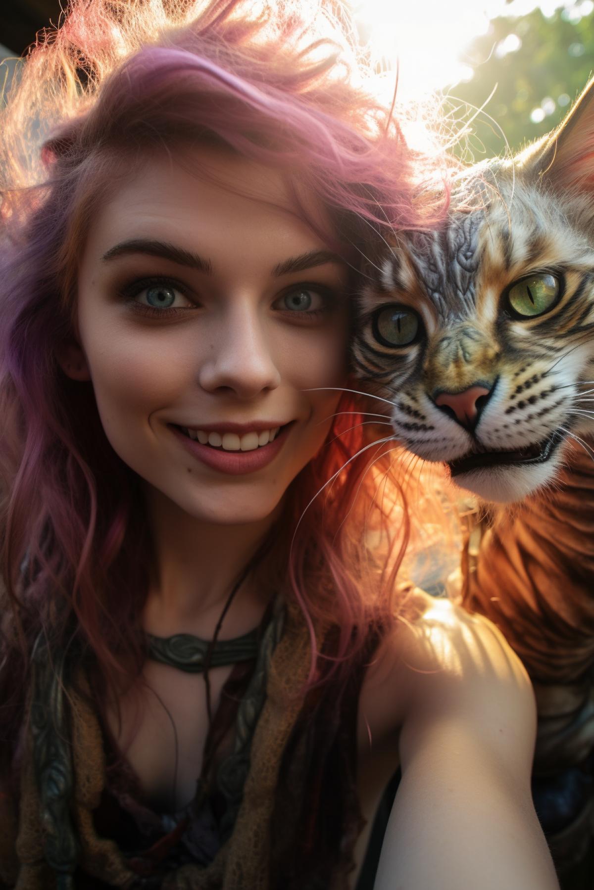 GoPro selfie, cat and dragon, fantasy style, soft light, bright colors