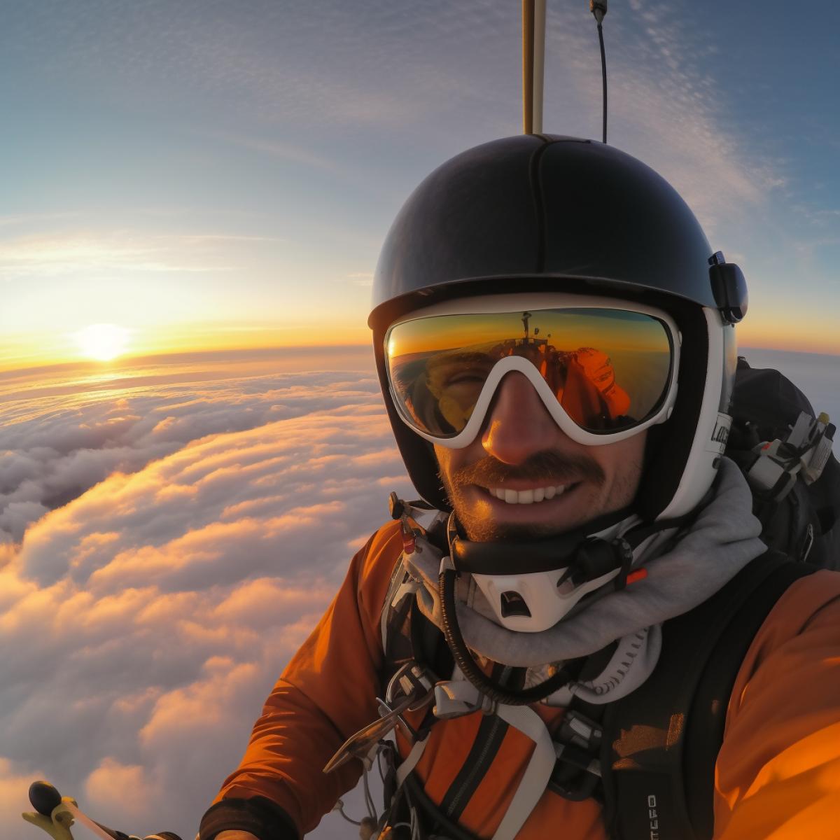 Action camera selfie while riding the deltaplan high above the clouds sunrise over horizon winds of deltaplan are also seen on the frame satisfied face of mine 4K