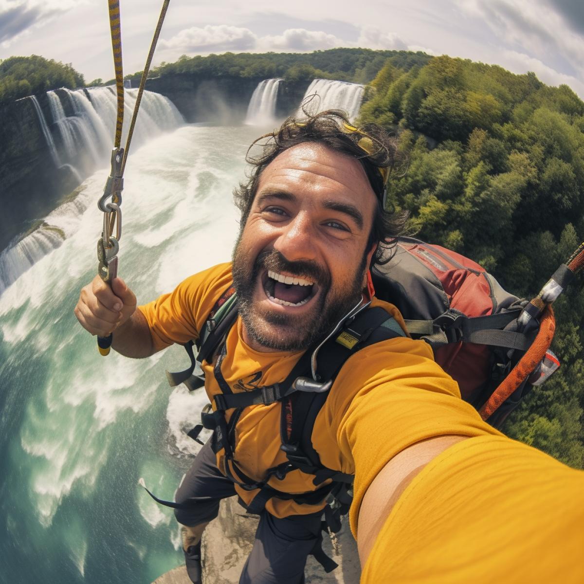 Selfie from action camera fixed on my arm while bungee jump over Niagara waterfall epic beauty of nature colourful environment happiness satisfaction