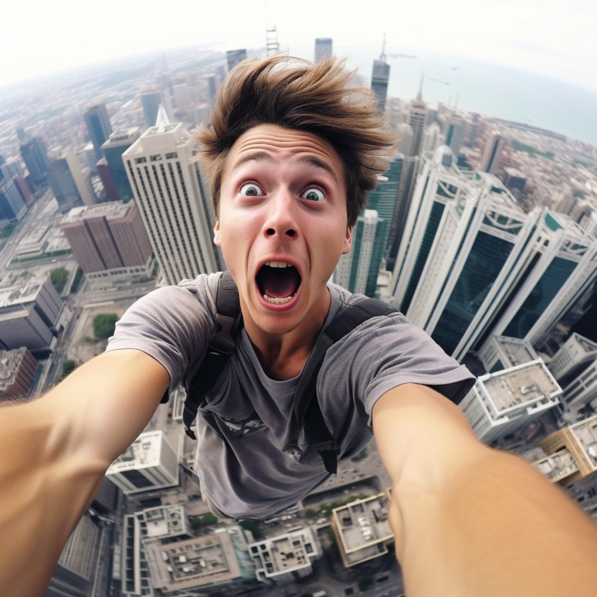 I have fixed my GoPro on my arm and unexpectedly fell down from the roof of skyscraper i will die in a minute camera shot my frightened face on the background of cityscape