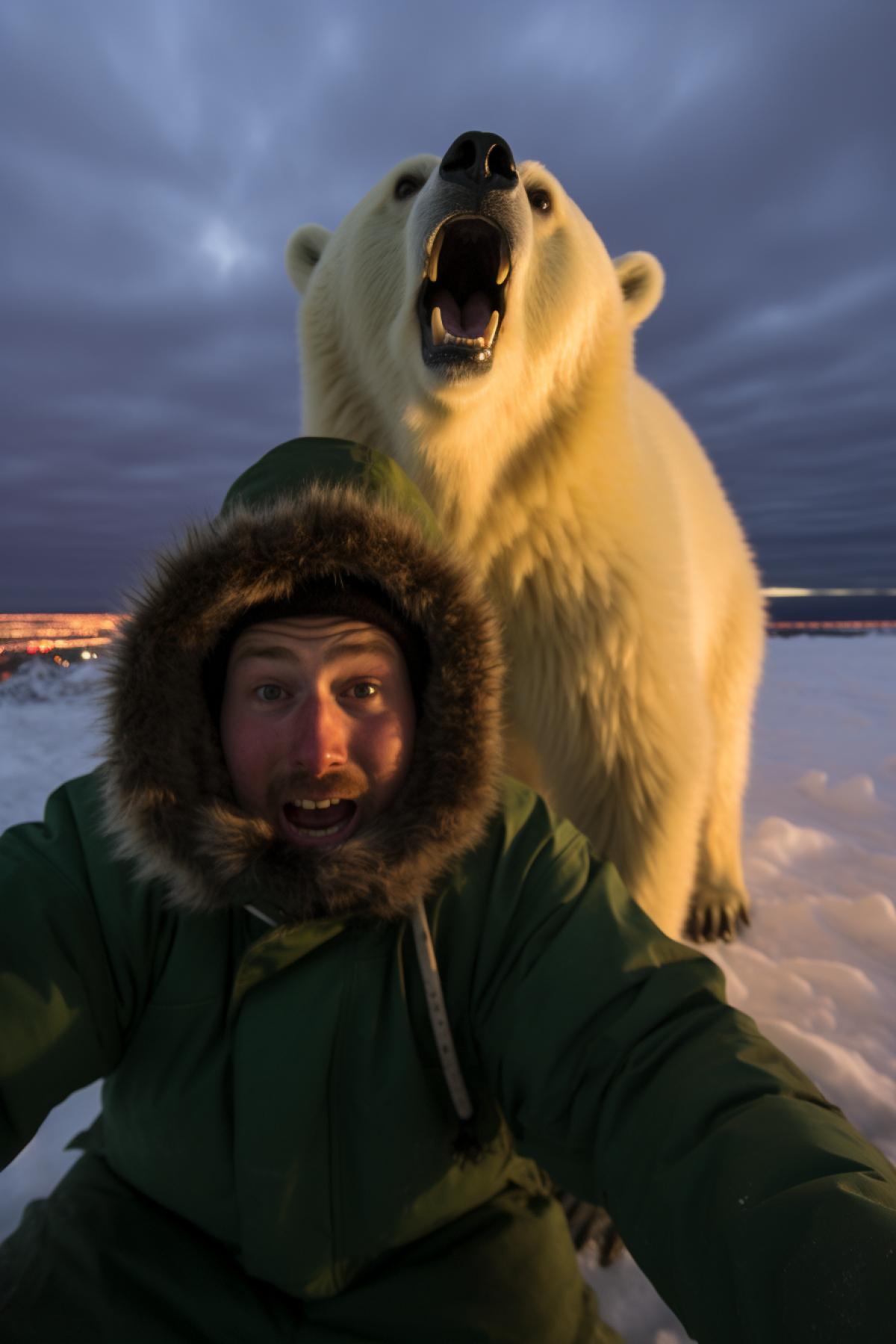 Polar explorer takes a GoPro selfie with a polar bear against the backdrop of the Northern Lights