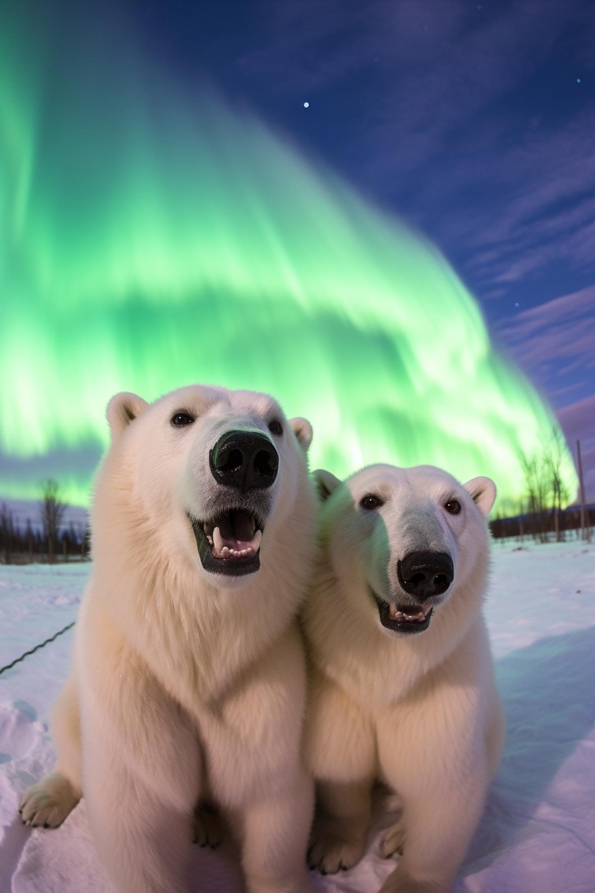 two polar bears take a GoPro selfie with the northern lights in the background