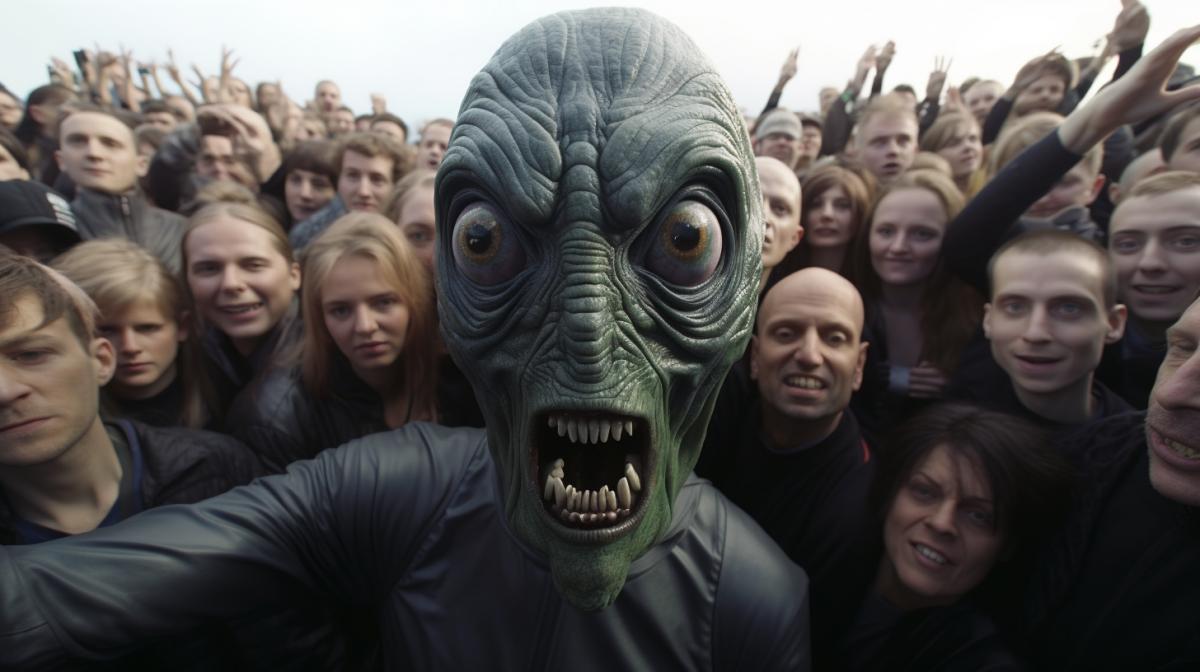 A hyperrealistic GoPro selfie the alien in a crowd