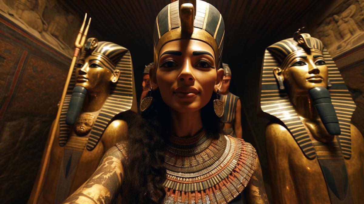 A hyperrealistic GoPro selfie а Nefertiti Queen of Egypt with mummies