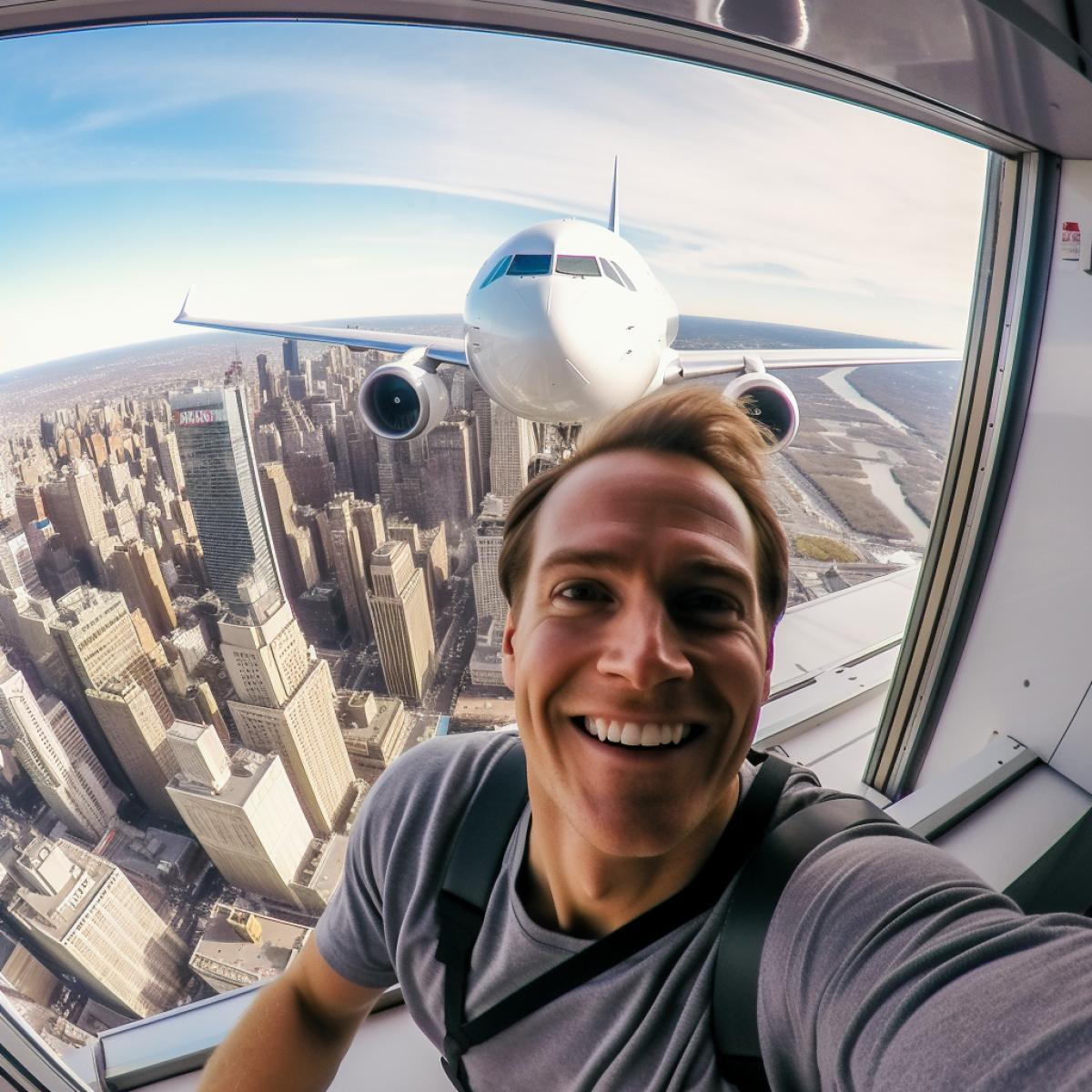 Selfie with GoPro inside the big windows office in skyscraper on the background of Boeing 747rocketpit flying approaching to window high above over morning Manhattan