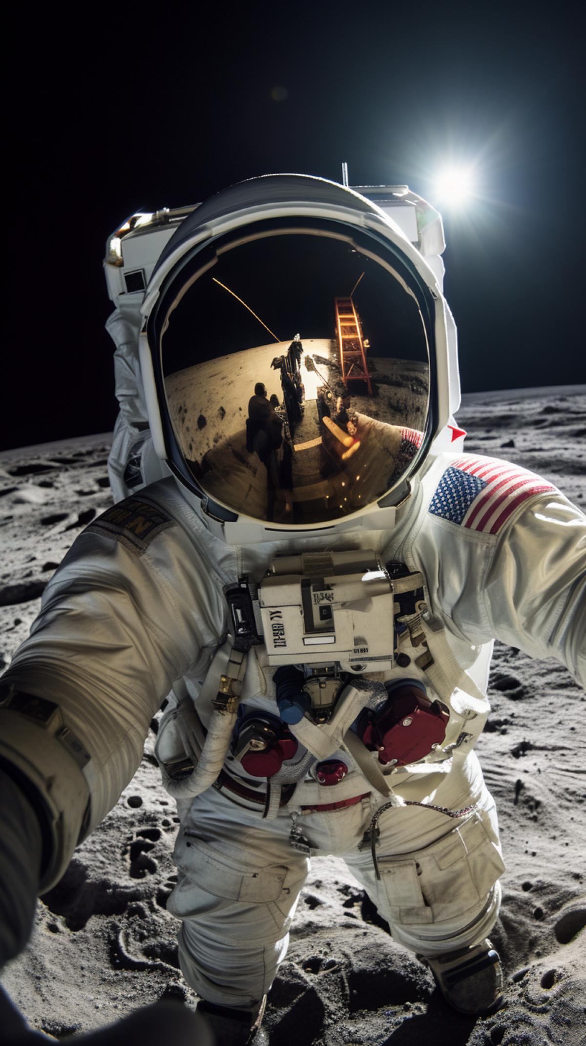 Neil Armstrong takes a self portrait on the moon, from a selfie/social media perspective, gopro perspective