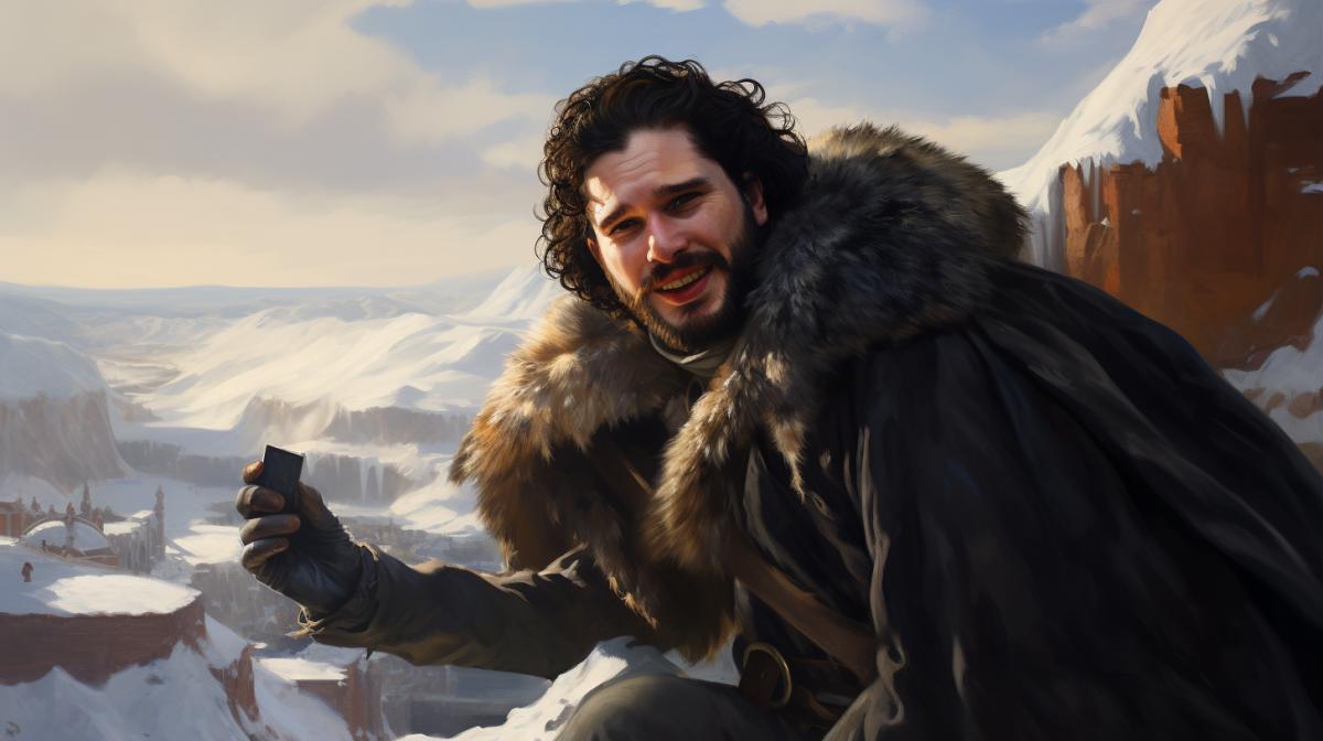 the Game of Throne, John Snow on the top of the Wall, selfie view and smiling, wild-angel shot, photorealistic, cinematic, hyperdetailed.