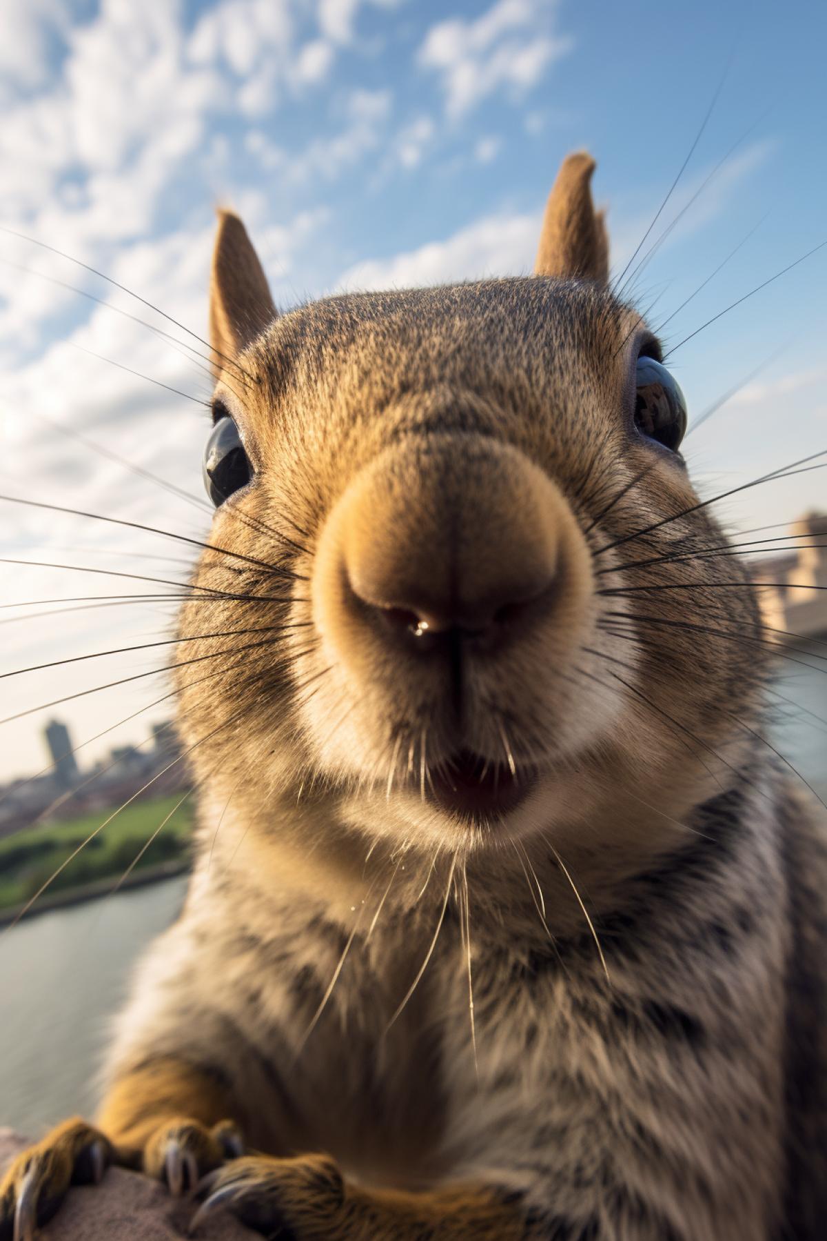 Highly defined macrophotography selfie of a cute superb squirrel on top of the construction of Statue of Liberty