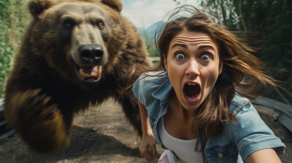a scared woman screaming and running while taking a selfie with an angry bear chasing behind her about to attack
