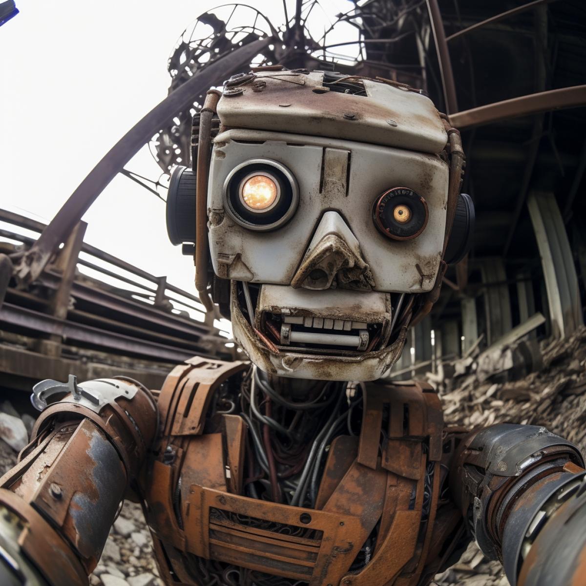 A hyperrealistic GoPro selfie an anthropomorphic rusty robot in an abandoned city, post-apocalyptic
