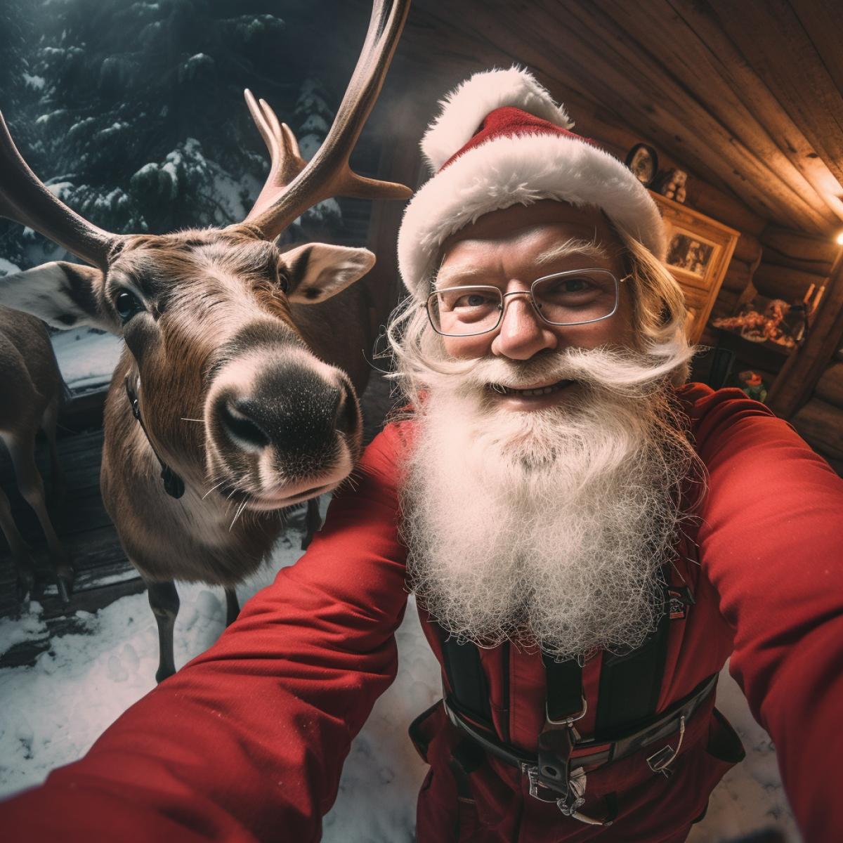 A hyperrealistic GoPro selfie Santa Claus with a reindeer in front of a Christmas tree