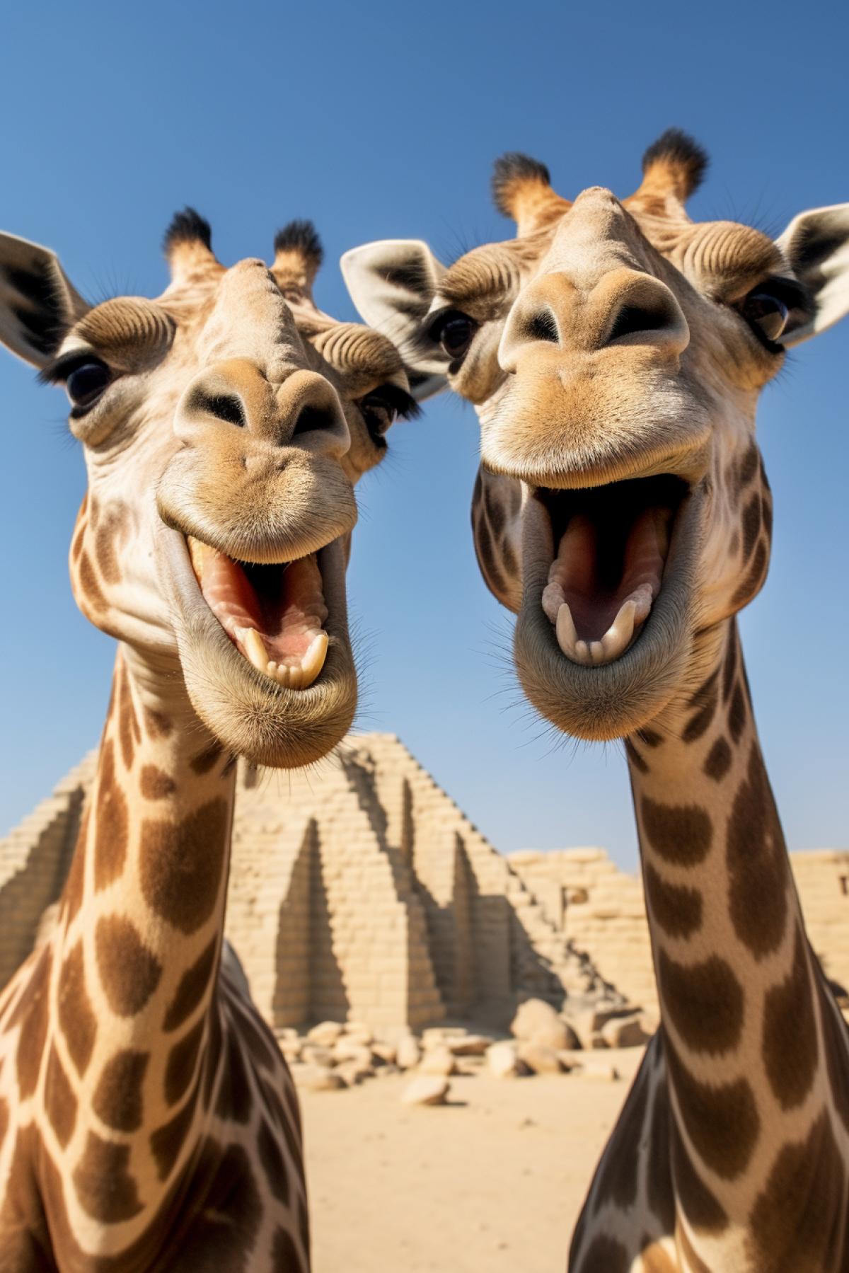 Two fashionable giraffes take selfies with GoPro against the backdrop of Egyptian pyramids
