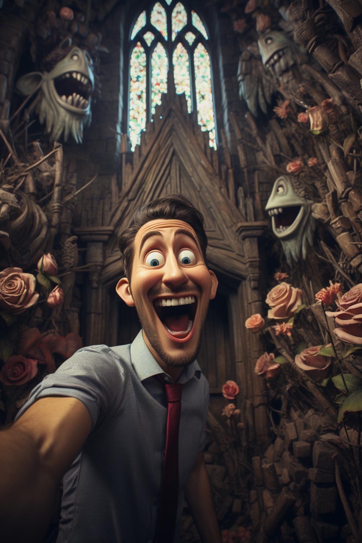 A funny monster taking selfies with a GoPro against the backdrop of a blooming garden and a beautiful cottage
