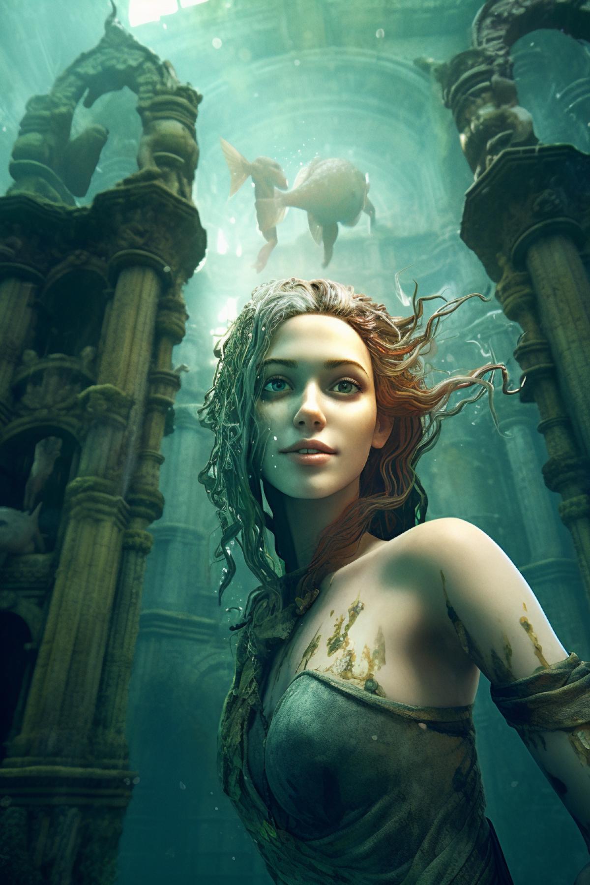 photorealistic GoPro selfie close-up of a beautiful young mermaid with a fish tail and green hair in an underwater flooded ancient ancient city, underwater world, goldfish, calm and beauty.