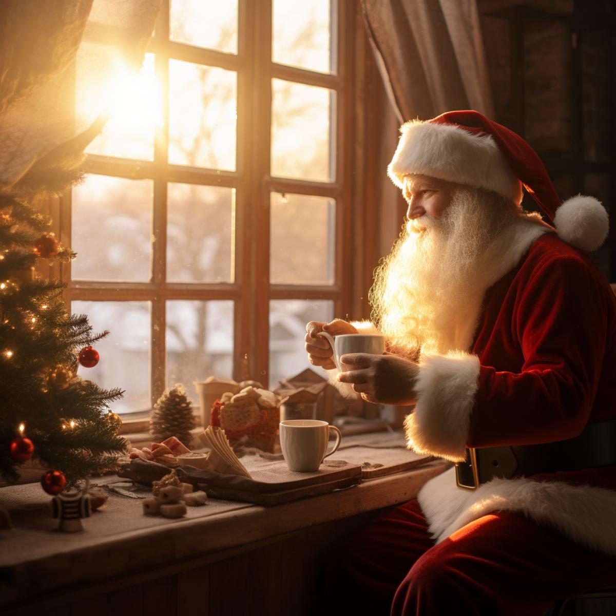 Santa having breakfast early in Christmas morning sunrise behind windows cosy interior